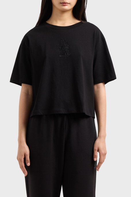 Armani Exchage % 100 Pamuk Cropped Fit Bisiklet Yaka Taşlı Logolu Bayan T Shirt XW000102 AF10359 UC001 SİYAH - Armani Exchange