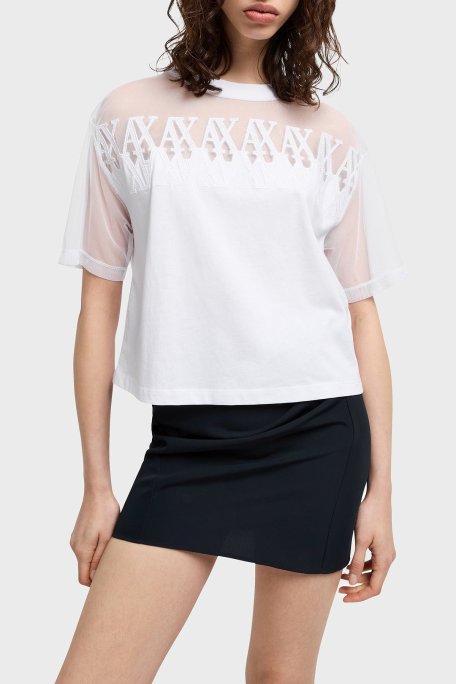 Armani Exchage % 100 Pamuk Cropped Fit Tül Detaylı Bayan T Shirt XW000516 AF10359 U0002 BEYAZ - Armani Exchange