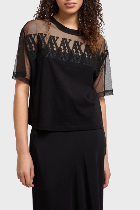 Armani Exchage % 100 Pamuk Cropped Fit Tül Detaylı Bayan T Shirt XW000516 AF10359 UC001 SİYAH - Armani Exchange