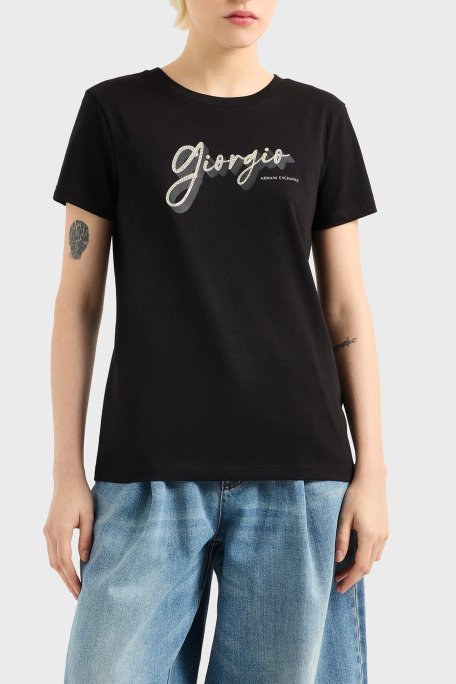 Armani Exchage % 100 Pamuk Regular Fit Bisiklet Yaka Baskılı Bayan T Shirt XW000542 AF10359 UC001 SİYAH - Armani Exchange