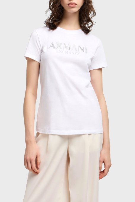 Armani Exchage % 100 Pamuk Regular Fit Bisiklet Yaka Logolu Bayan T Shirt XW000387 AF10354 U0002 BEYAZ - Armani Exchange