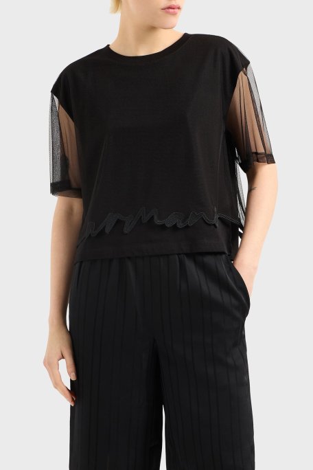 Armani Exchage % 100 Pamuk Regular Fit Tül Detaylı Crop Bayan T Shirt XW000541 AF10359 UC001 SİYAH - Armani Exchange