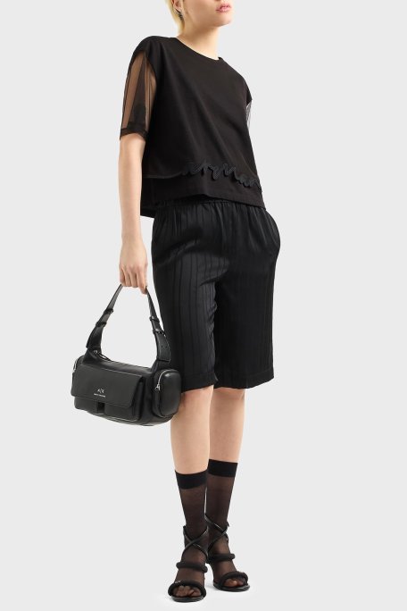 Armani Exchage % 100 Pamuk Regular Fit Tül Detaylı Crop Bayan T Shirt XW000541 AF10359 UC001 SİYAH - Armani Exchange (1)