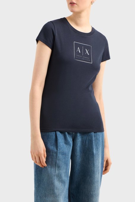 Armani Exchage Logolu % 100 Pamuk Slim Fit Bisiklet Yaka Bayan T Shirt XW000530 AF10359 UB100 LACİVERT - Armani Exchange