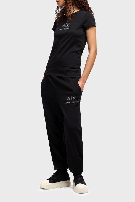 Armani Exchage Taşlı % 100 Pamuk Slim Fit Bisiklet Yaka Bayan T Shirt XW000386 AF10354 UC001 SİYAH - Armani Exchange (1)