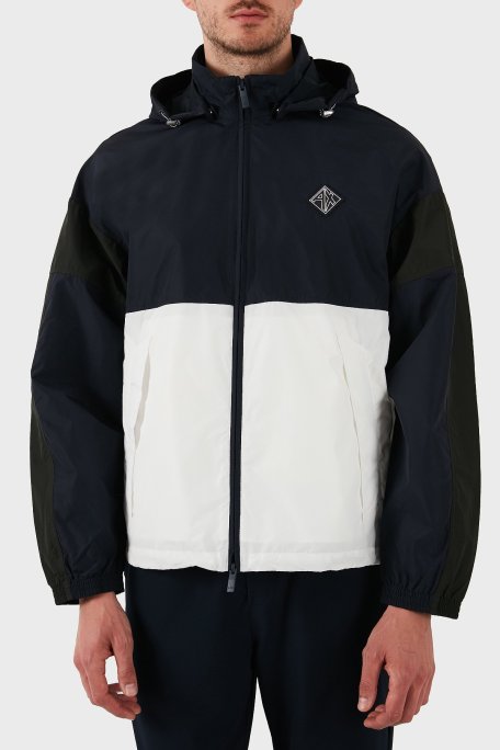 Armani Exchance Renk Bloklu Regular Fit Çıkarılabilir Kapüşonlu Erkek Ceket XM000190 AF12012 MB071 LACİVERT-BEYAZ - Armani Exchange
