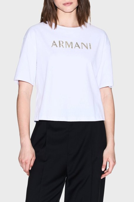 Armani Exchange % 100 Pamuk Cropped Fit Bisiklet Yaka Logolu Bayan T Shirt XW001364 AF15085 U0002 BEYAZ - Armani Exchange