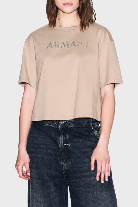 Armani Exchange % 100 Pamuk Cropped Fit Bisiklet Yaka Logolu Bayan T Shirt XW001364 AF15085 U1051 KUM BEJİ - Armani Exchange