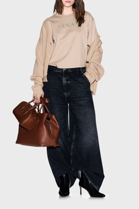 Armani Exchange % 100 Pamuk Cropped Fit Bisiklet Yaka Logolu Bayan T Shirt XW001364 AF15085 U1051 KUM BEJİ - Armani Exchange (1)