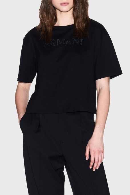 Armani Exchange % 100 Pamuk Cropped Fit Bisiklet Yaka Logolu Bayan T Shirt XW001364 AF15085 UC001 SİYAH - Armani Exchange