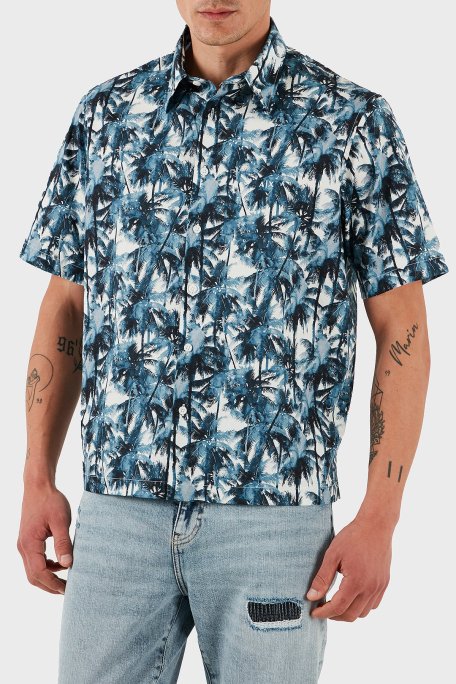 Armani Exchange Desenli % 100 Pamuk Regular Fit Kısa Kollu Erkek Gömlek XM001240 AF14869 F0041 LACİVERT - Armani Exchange