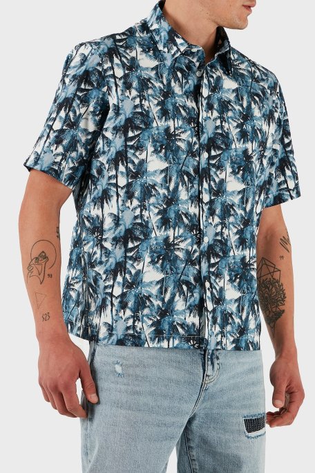 Armani Exchange Desenli % 100 Pamuk Regular Fit Kısa Kollu Erkek Gömlek XM001240 AF14869 F0041 LACİVERT - Armani Exchange (1)