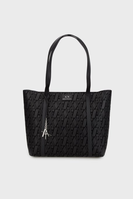 Armani Exchange Jakarlı Logo Baskılı Çift Tutma Saplı Büyük Bayan Çanta XW002121 AF19298 UC001 SİYAH - Armani Exchange