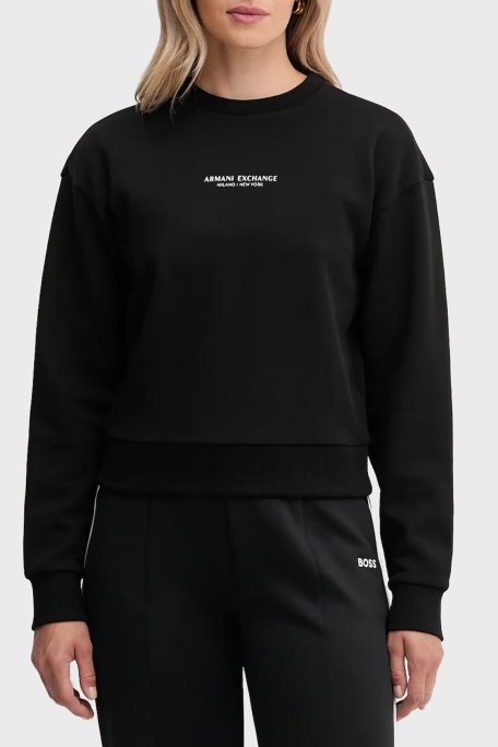 Armani Exchange Logo Baskılı Pamuklu Relaxed Fit Bisiklet Yaka Crop Bayan Sweat XW001451 AF10830 MC021 SİYAH-GOLD - Armani Exchange