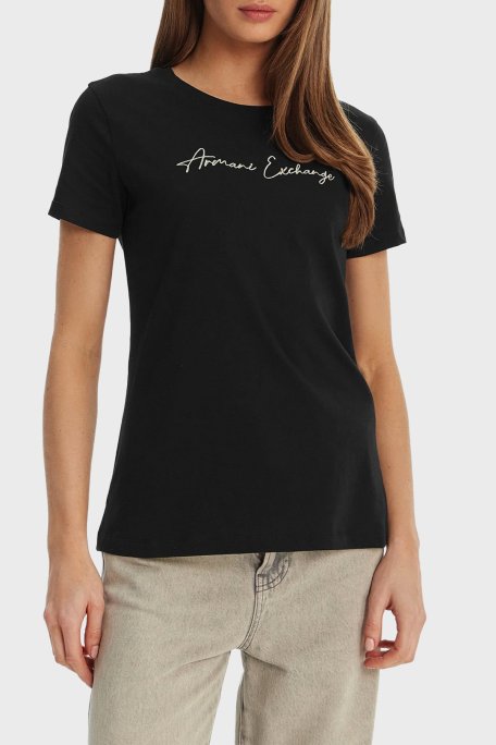 Armani Exchange Logolu % 100 Pamuk Regular Fit Bisiklet Yaka Bayan T Shirt XW000839 AF10356 MC021 SİYAH - Armani Exchange