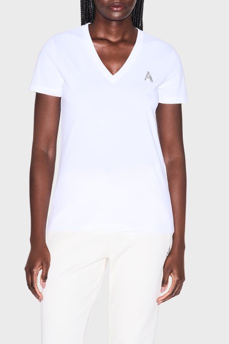 Armani Exchange Logolu % 100 Pamuk Regular Fit V Yaka Bayan T Shirt XW002330 AF10356 U0002 BEYAZ - Armani Exchange