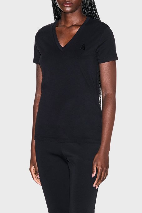 Armani Exchange Logolu % 100 Pamuk Regular Fit V Yaka Bayan T Shirt XW002330 AF10356 UC001 SİYAH - Armani Exchange