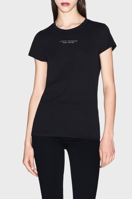 Armani Exchange Logolu % 100 Pamuk Yuvarlak Yaka Bayan T Shirt XW001455 AF10356 MC021 SİYAH-GOLD - Armani Exchange