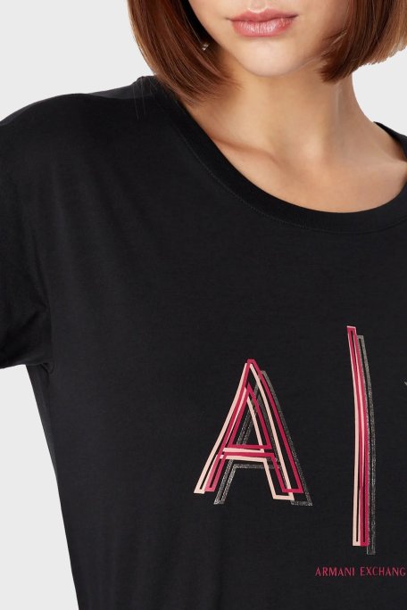 Armani Exchange Logolu Pamuklu Jarse Boyfriend Fit Bisiklet Yaka Bayan T Shirt 3RYTEJ YJ16Z 1200 SİYAH - Armani Exchange (1)