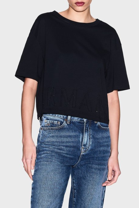 Armani Exchange Logolu Pamuklu Relaxed Fit Bisiklet Yaka Crop Bayan T Shirt XW001709 AF17172 UC001 SİYAH - Armani Exchange