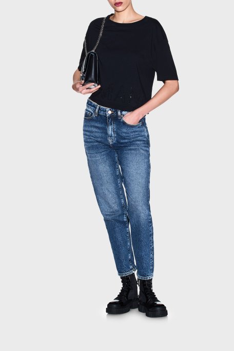 Armani Exchange Logolu Pamuklu Relaxed Fit Bisiklet Yaka Crop Bayan T Shirt XW001709 AF17172 UC001 SİYAH - Armani Exchange (1)