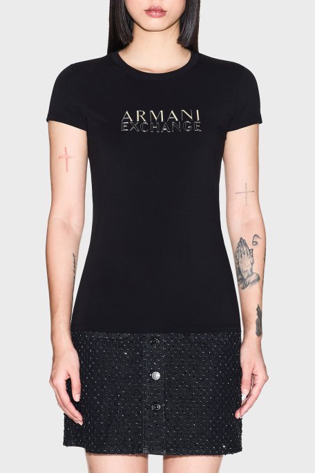 Armani Exchange Logolu Pamuklu Slim Fit Bisiklet Yaka Bayan T Shirt XW001837 AF16294 UC001 SİYAH - Armani Exchange