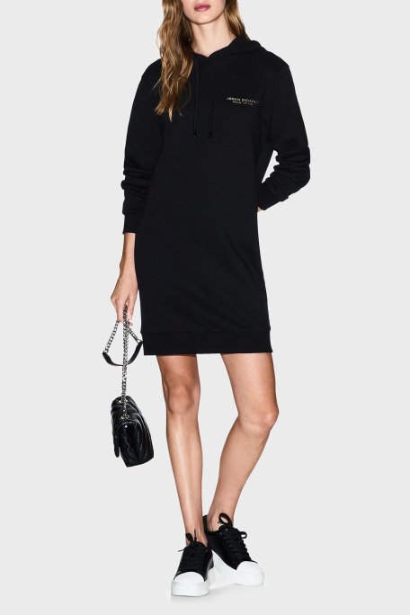 Armani Exchange Logolu Streç Pamuklu Regular Fit Kapüşonlu Mini Bayan Elbise XW001453 AF10830 MC021 SİYAH-GOLD - Armani Exchange