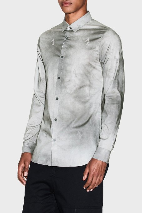 Armani Exchange Logolu Streç Pamuklu Slim Fit Klasik Yaka Erkek Gömlek XM001956 AF13184 F8042 GRİ - Armani Exchange