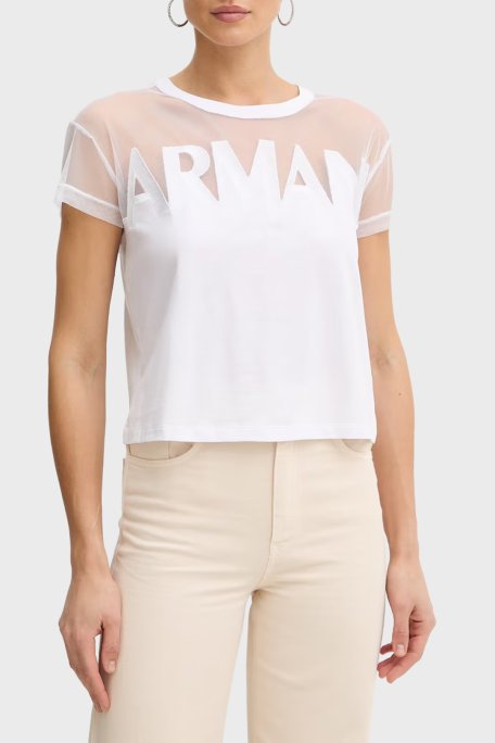 Armani Exchange Logolu Transparan Omuz Detaylı Pamuklu Kadın T Shirt XW002332 AF10356 U0002 Beyaz - Armani Exchange