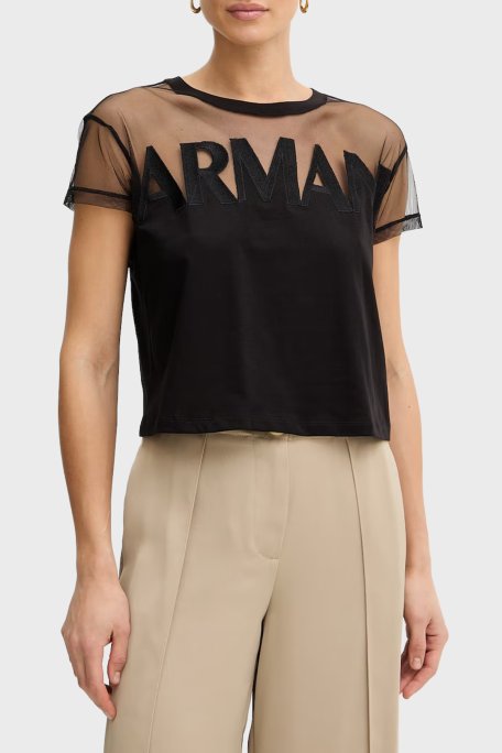 Armani Exchange Logolu Transparan Omuz Detaylı Pamuklu Kadın T Shirt XW002332 AF10356 UC001 SİYAH - Armani Exchange