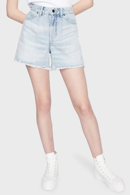 Armani Exchange Organik Pamuklu Yırtık Detaylı Yüksek Bel Kot Kadın Short 3RYJ73 Y1NRZ 1500 AÇIK MAVİ - Armani Exchange
