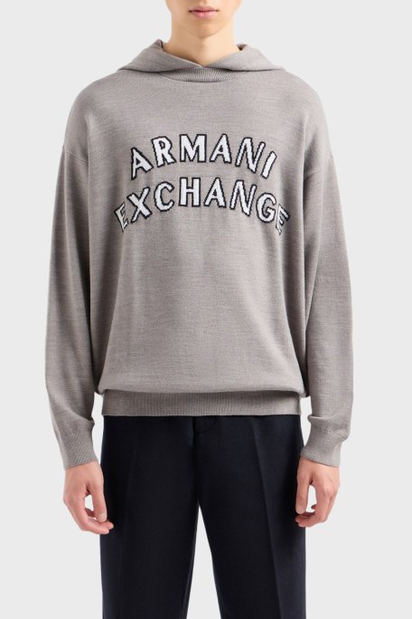 Armani Exchange Pamuk ve Yün Karışımlı Regular Fit Kapüşonlu Erkek Kazak 6DZM2Y ZM4NZ 17AC GRİ - Armani Exchange