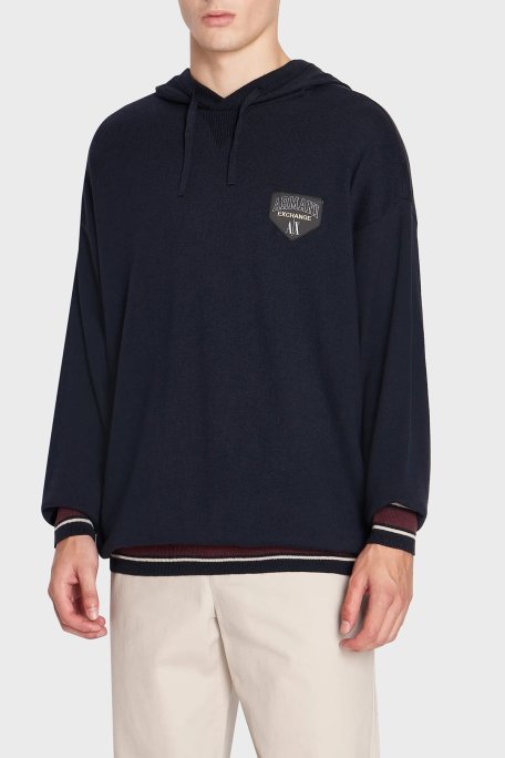Armani Exchange Pamuk ve Yün Karışımlı Regular Fit Kapüşonlu Erkek Kazak 6RZM2A ZM3FZ 1510 LACİVERT - Armani Exchange