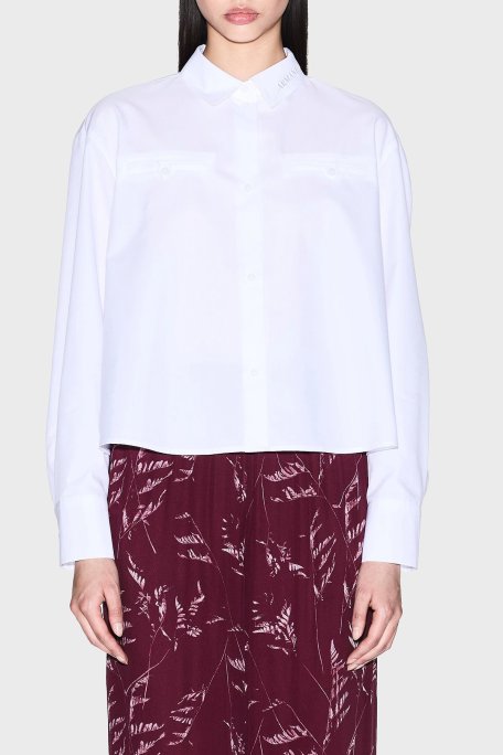 Armani Exchange Pamuklu Boxy Fit Uzun Kollu Logolu Crop Bayan Gömlek XW000668 AF15983 U0002 BEYAZ - Armani Exchange