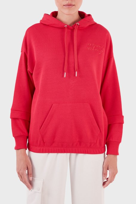 Armani Exchange Pamuklu Regular Fit Kanguru Cepli Kapüşonlu Kadın Sweat 6RYM72 YJBRZ 14BB KIRMIZI - Armani Exchange