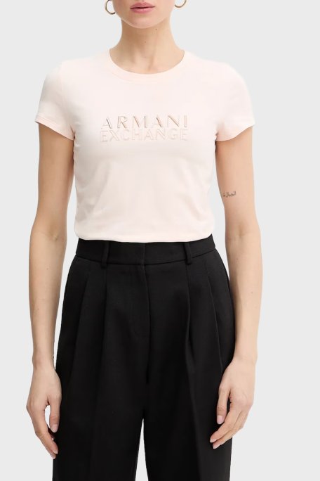 Armani Exchange Pamuklu Regular Fit Logolu Bisiklet Yaka Bayan T Shirt XW001837 AF16294 U4104 PUDRA - Armani Exchange