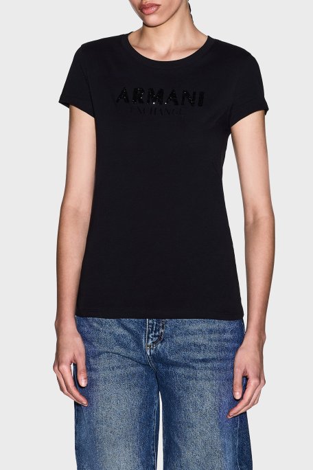 Armani Exchange Pamuklu Regular Fit Logolu Bisiklet Yaka Bayan T Shirt XW002106 AF10356 UC001 SİYAH - Armani Exchange