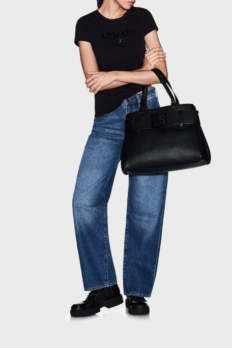 Armani Exchange Pamuklu Regular Fit Logolu Bisiklet Yaka Bayan T Shirt XW002106 AF10356 UC001 SİYAH - Armani Exchange (1)