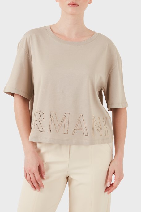 Armani Exchange Pamuklu Relaxed Fit Logo Detaylı Bisiklet Yaka Kadın T Shirt XW001709 AF17172 U6223 BEJ - Armani Exchange