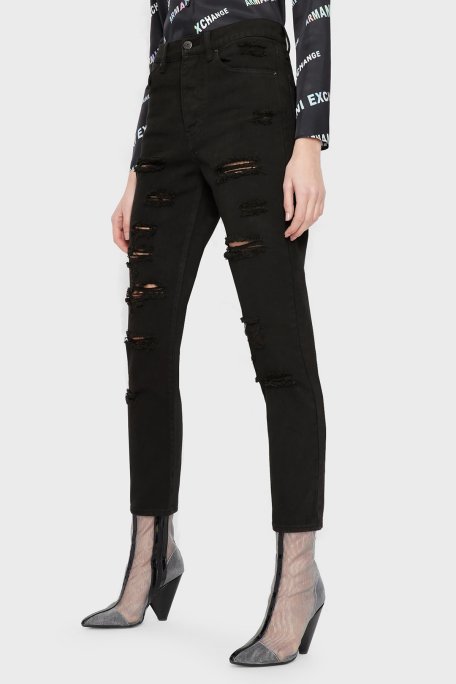 Armani Exchange Pamuklu Yüksel Bel Slim Fit Yırtık Detaylı J51 Jeans Kadın Kot Pantolon 3RYJ51 Y1HRZ 1200 SİYAH - Armani Exchange
