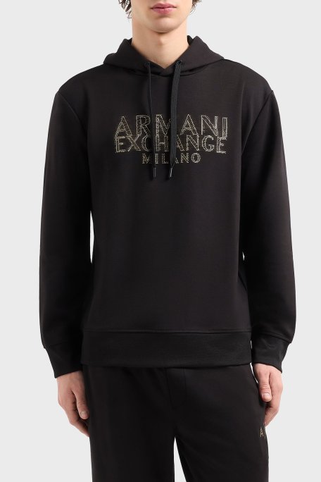 Armani Exchange Regular Fit Kapüşonlu Efektli Logo Baskılı Erkek Sweat XM000332 AF12269 UC001 SİYAH - Armani Exchange