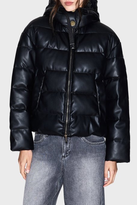 Armani Exchange Regular Fit Kapüşonlu Kapitoneli Parlak Şişme Bayan Mont XW000673 AF16106 UC001 SİYAH - Armani Exchange