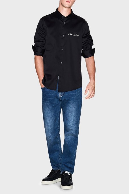 Armani Exchange Streç Pamuklu Logo İşlemeli Regular Fit Kent Yaka Erkek Gömlek XM001224 AF10192 UC001 SİYAH - Armani Exchange (1)