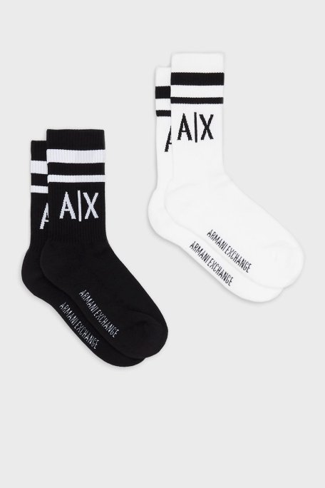 Armani Exchange Streç Pamuklu Logolu ve Şeritli 2 Pack Bayan Çorap 943030 CC650 00121 SİYAH-BEYAZ - Armani Exchange