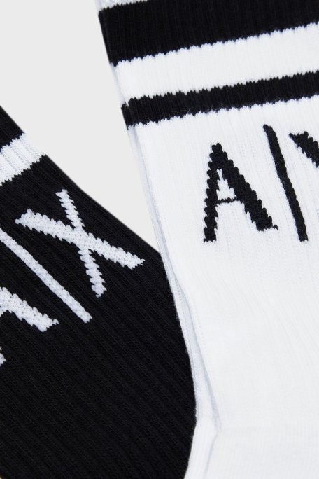 Armani Exchange Streç Pamuklu Logolu ve Şeritli 2 Pack Erkek Çorap 953030 CC650 00121 SİYAH-BEYAZ - Armani Exchange (1)