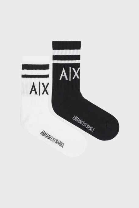 Armani Exchange Streç Pamuklu Logolu ve Şeritli 2 Pack Erkek Çorap 953030 CC650 01538 LACİVERT-BEYAZ - Armani Exchange
