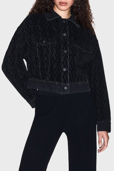 Armani Exchange Tamamı Logolu Pamuklu Regular Fit Kot Bayan Ceket XW000819 AF16092 FB180 SİYAH - Armani Exchange