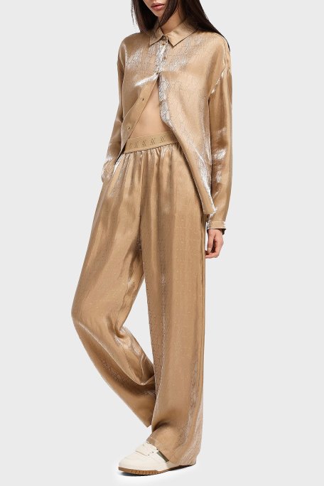 Armani Exchange Tamamı Logolu Wide Leg Geniş Paça Parlak Bayan Pantolon XW000569 AF12055 F1018 BEJ - Armani Exchange