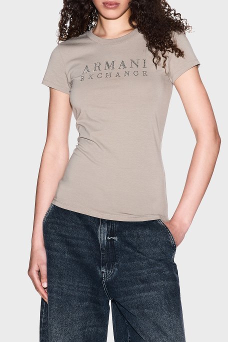 Armani Exchange Taşlı Logolu % 100 Pamuk Slim Fit Bisiklet Yaka Bayan T Shirt XW001349 AF17173 U6242 BEJ - Armani Exchange