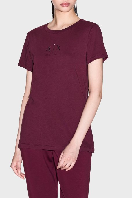 Armani Exchange Taşlı Logolu Pamuklu Slim Fit Bisiklet Yaka Bayan T Shirt XW001459 AF10356 UA343 BORDO - Armani Exchange
